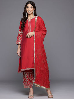 Varanga - Women Red Embroidered Kurta Paired with Tonal Pant and Dupatta (Set of 3)