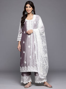 Varanga - Women Lavender Embroidered Kurta Paired with Tonal Pant and Dupatta (Set of 3)