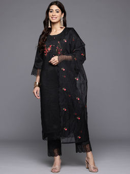 Varanga - Women Black Embroidered Kurta Paired with Tonal Pant and Dupatta (Set of 3)