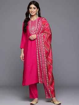 Varanga - Women Pink Embroidered Kurta Paired with Tonal Pant and Dupatta (Set of 3)
