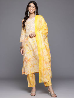 Varanga - Women Yellow Printed Kurta Paired with Tonal Pant and Dupatta (Set of 3)