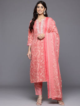 Varanga - Women Pink Printed Kurta Paired with Tonal Pant and Dupatta (Set of 3)