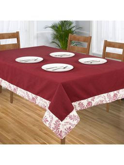SHADES OF LIFE - Cotton Plain Maroon With Floral Printed Border 6 Seater Table Cover, 60X90 Inches