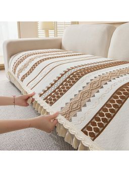 House of Quirk - Beige Chenille Jacquard Sofa Slipcover Soft Furniture Protector 2 Amrest