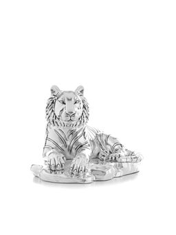 Shaze - Silver Resting Tiger Sculpture with Wooden Base