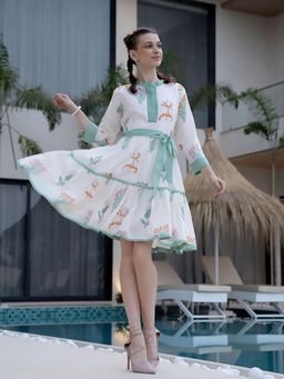 Varanga - White Floral Printed Dress with Belt