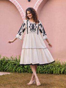 Varanga - Off White Monochrome Embroidered A-Line Dress
