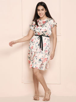 Lilpicks - Floral Shiny Belted Layered Dress