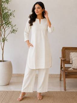 SMRITI GUPTA - Cotton Pintuck Off-White Kurta with Pant