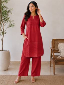 SMRITI GUPTA - Cotton Pintuck Red Kurta with Pant