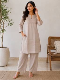 SMRITI GUPTA - Cotton Pintuck Taupe Kurta with Pant