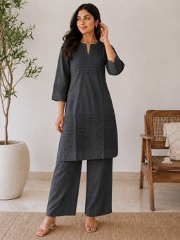SMRITI GUPTA - Cotton Pintuck Charcoal Kurta with Pant