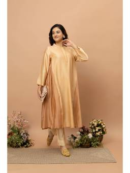 SMRITI GUPTA - Chanderi Silk Patchwork Brown Kurta with Pants