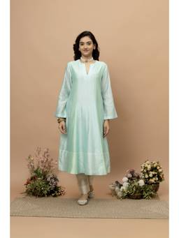 SMRITI GUPTA - Chanderi Silk Patchwork Blue Anarkali with Pants