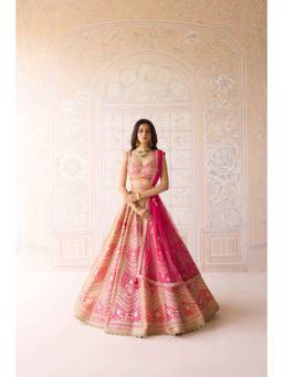 Shyam Narayan Prasad - Zari Embroidered Pink Bustier with Lehenga, Dupatta and Belt