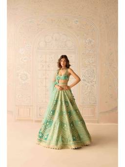 Shyam Narayan Prasad - Zari Embroidered Green Bustier with Lehenga, Dupatta and Belt