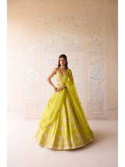 Shyam Narayan Prasad - Thread Embroidered Green Bustier with Lehenga, Dupatta and Belt