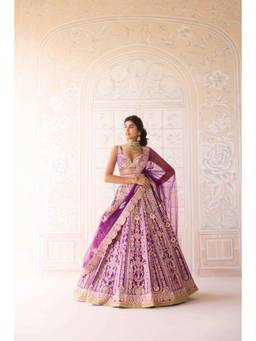 Shyam Narayan Prasad - Thread Embroidered Purple Blouse with Lehenga, Dupatta and Belt