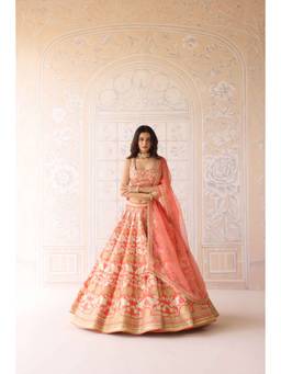 Shyam Narayan Prasad - Zari Embroidered Orange Bustier with Lehenga, Dupatta and Belt