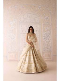 Shyam Narayan Prasad - Zari Embroidered Ivory Bustier with Lehenga, Dupatta and Belt