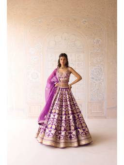 Shyam Narayan Prasad - Zari Embroidered Purple Bustier with Lehenga, Dupatta and Belt