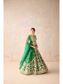 Shyam Narayan Prasad - Zari Embroidered Green and Gold Blouse with Lehenga, Dupatta and Belt