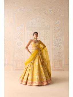 Shyam Narayan Prasad - Thread Embroidered Yellow Bustier with Lehenga, Dupatta and Belt