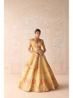 Shyam Narayan Prasad - Gota Embroidered Yellow Bustier with Lehenga, Dupatta and Belt
