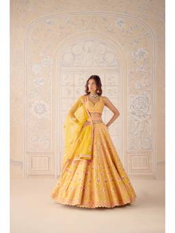 Shyam Narayan Prasad - Gota Embroidered Mustard Blouse with Lehenga, Dupatta and Belt