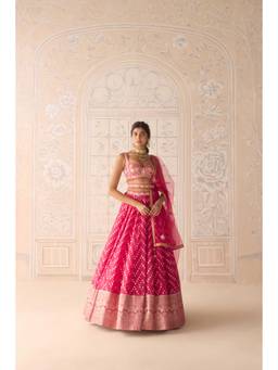 Shyam Narayan Prasad - Thread Embroidered Pink Bustier with Lehenga, Dupatta and Belt