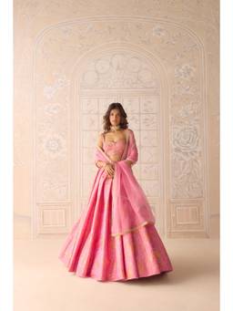 Shyam Narayan Prasad - Zardozi Embroidered Pink Bustier with Lehenga, Dupatta