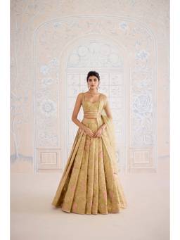 Shyam Narayan Prasad - Zardozi Embroidered Brocade Gold Bustier with Lehenga, Dupatta