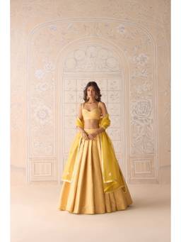 Shyam Narayan Prasad - Lurex Patch Brocade Yellow Bustier with Lehenga and Dupatta