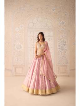 Shyam Narayan Prasad - Zardozi Embroidered Pink Blouse with Lehenga, Dupatta