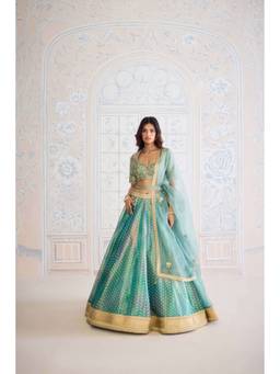 Shyam Narayan Prasad - Zardozi Embroidered Half-Sleeve Turquoise Bustier with Lehenga, Dupatta