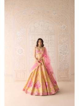 Shyam Narayan Prasad - Gota Embroidered Yellow Bustier with Lehenga, Dupatta and Belt