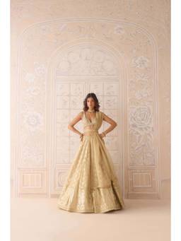 Shyam Narayan Prasad - Zardozi Embroidered Tissue Organza Gold Bustier with Lehenga, Dupatta