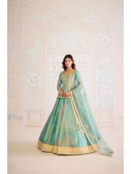 Shyam Narayan Prasad - Zardozi Embroidered Turquoise Kurta with Lehenga, Dupatta