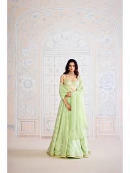 Shyam Narayan Prasad - Gota Embroidered Green Bustier with Lehenga, Dupatta and Belt