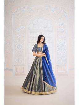 Shyam Narayan Prasad - Zardozi Embroidered Blue Blouse with Lehenga, Dupatta