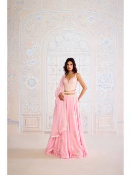 Shyam Narayan Prasad - Gota Embroidered Pink Bustier with Lehenga, Dupatta and Belt