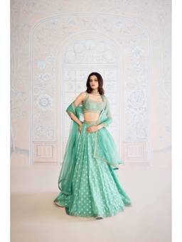 Shyam Narayan Prasad - Zardozi Embroidered Green Bustier with Lehenga and Dupatta