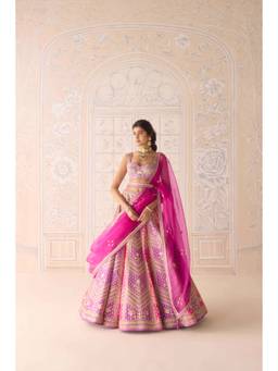 Shyam Narayan Prasad - Zari Embroidered Pink Bustier with Lehenga, Dupatta and Belt