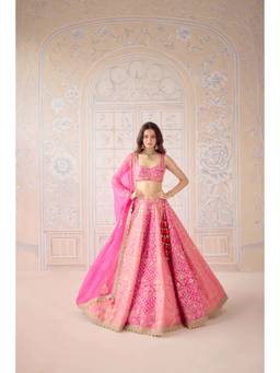 Shyam Narayan Prasad - Zari Embroidered Pink Bustier with Lehenga, Dupatta and Belt