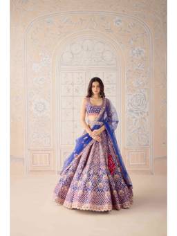 Shyam Narayan Prasad - Gota Embroidered Blue Blouse with Lehenga, Dupatta and Belt
