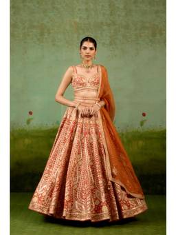 Shyam Narayan Prasad - Thread Embroidered Brown Blouse with Lehenga, Dupatta and Belt