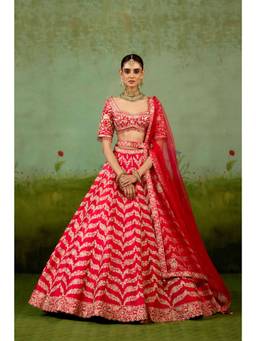 Shyam Narayan Prasad - Dori Embroidered Red Blouse with Lehenga, Dupatta and Belt