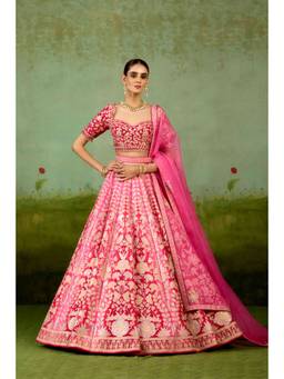 Shyam Narayan Prasad - Thread Embroidered Pink Blouse with Lehenga, Dupatta and Belt