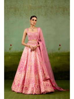 Shyam Narayan Prasad - Gota Embroidered Sleeveless Pink Blouse with Lehenga, Dupatta and Belt