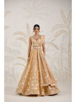 Shyam Narayan Prasad - Gota Embroidered Sleeveless Gold Bustier with Lehenga, Dupatta and Belt